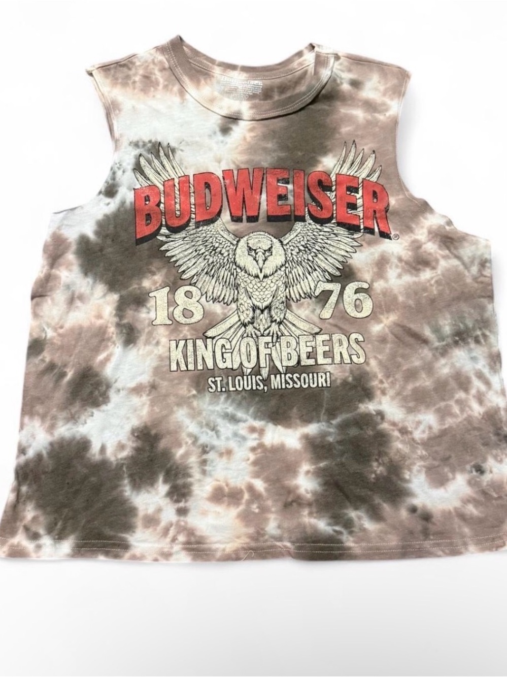 Budweiser King of Beers Tie-Dye Muscle Tee Tank Top Brown Cream Graphic L